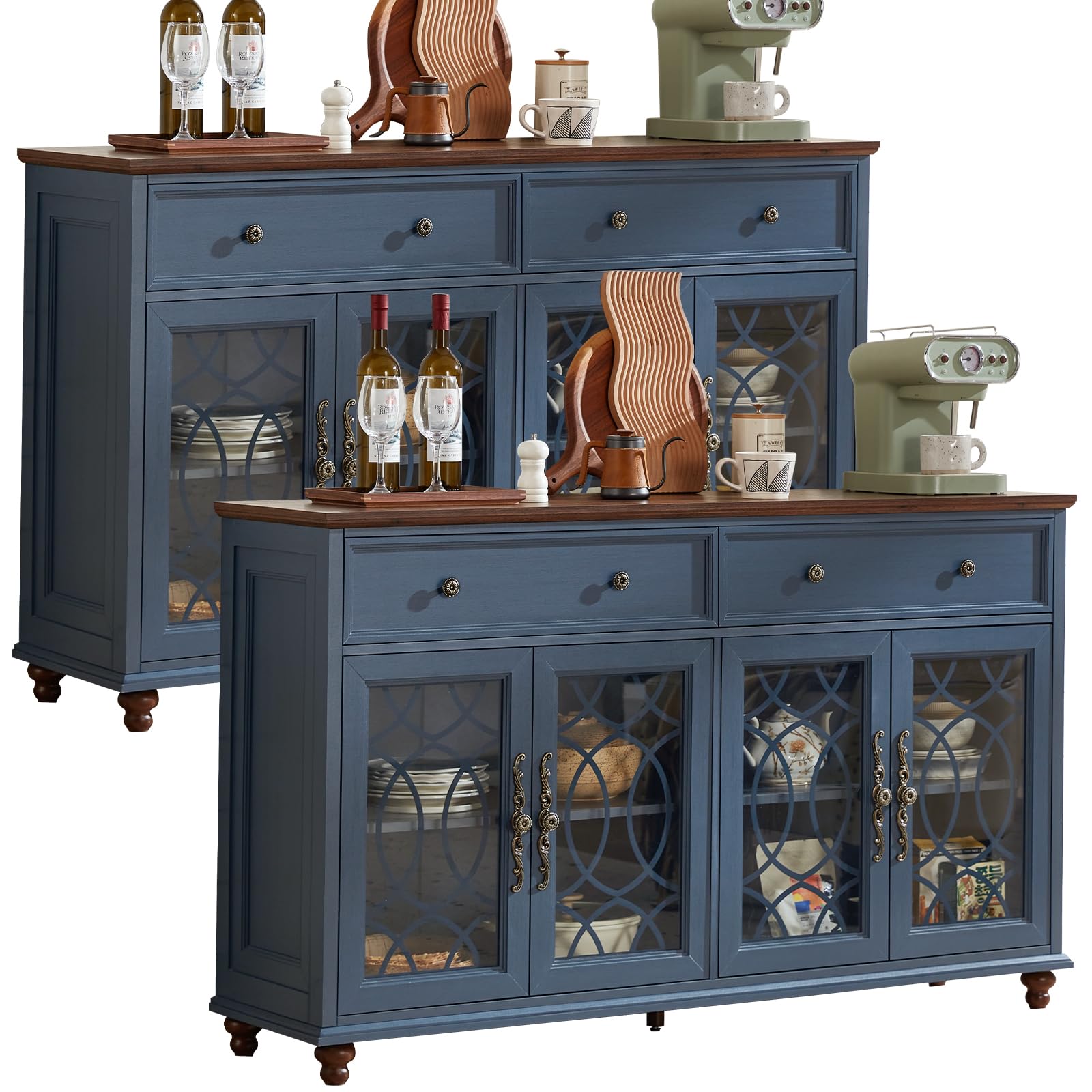 Farmhouse sideboard cabinet with 4 glass doors and 2 drawers, blue finish, bun feet
