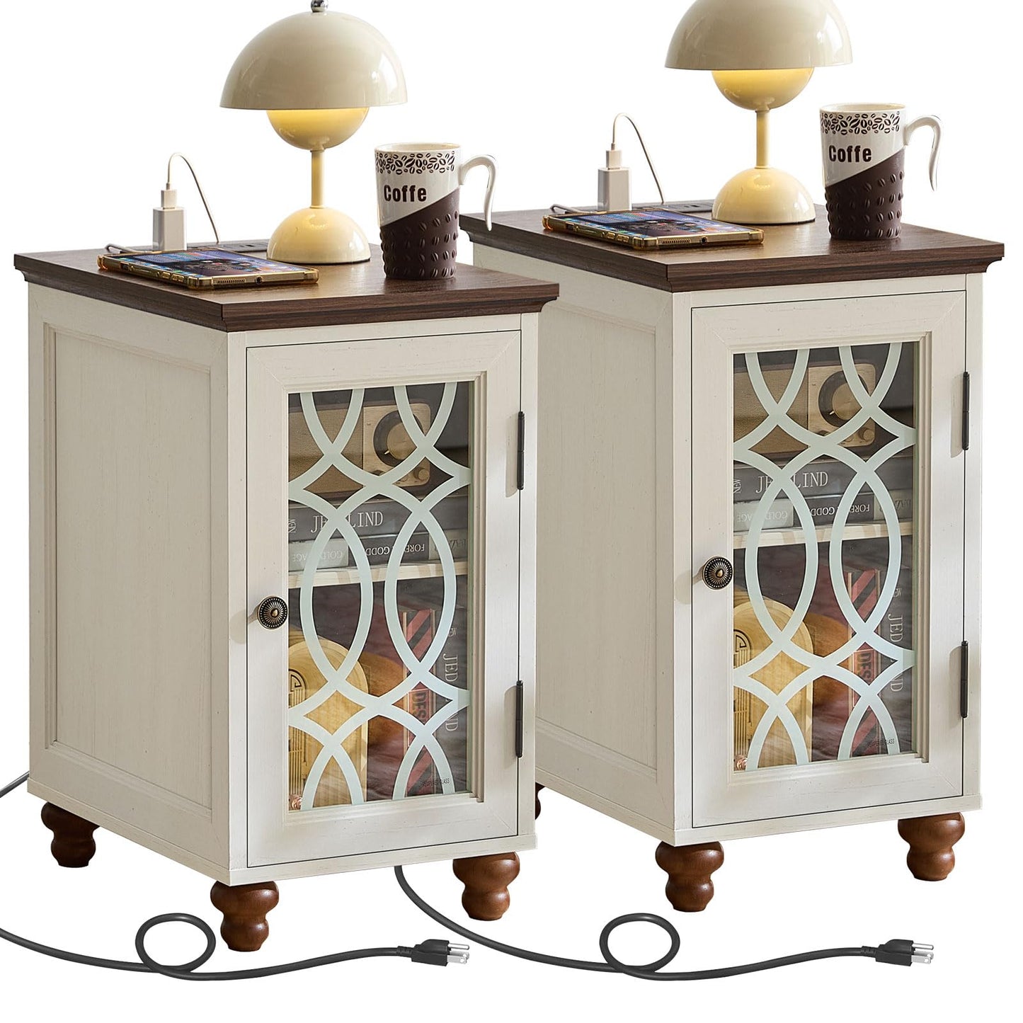 Antique white bedside end table set with glass cabinet doors and charging cords