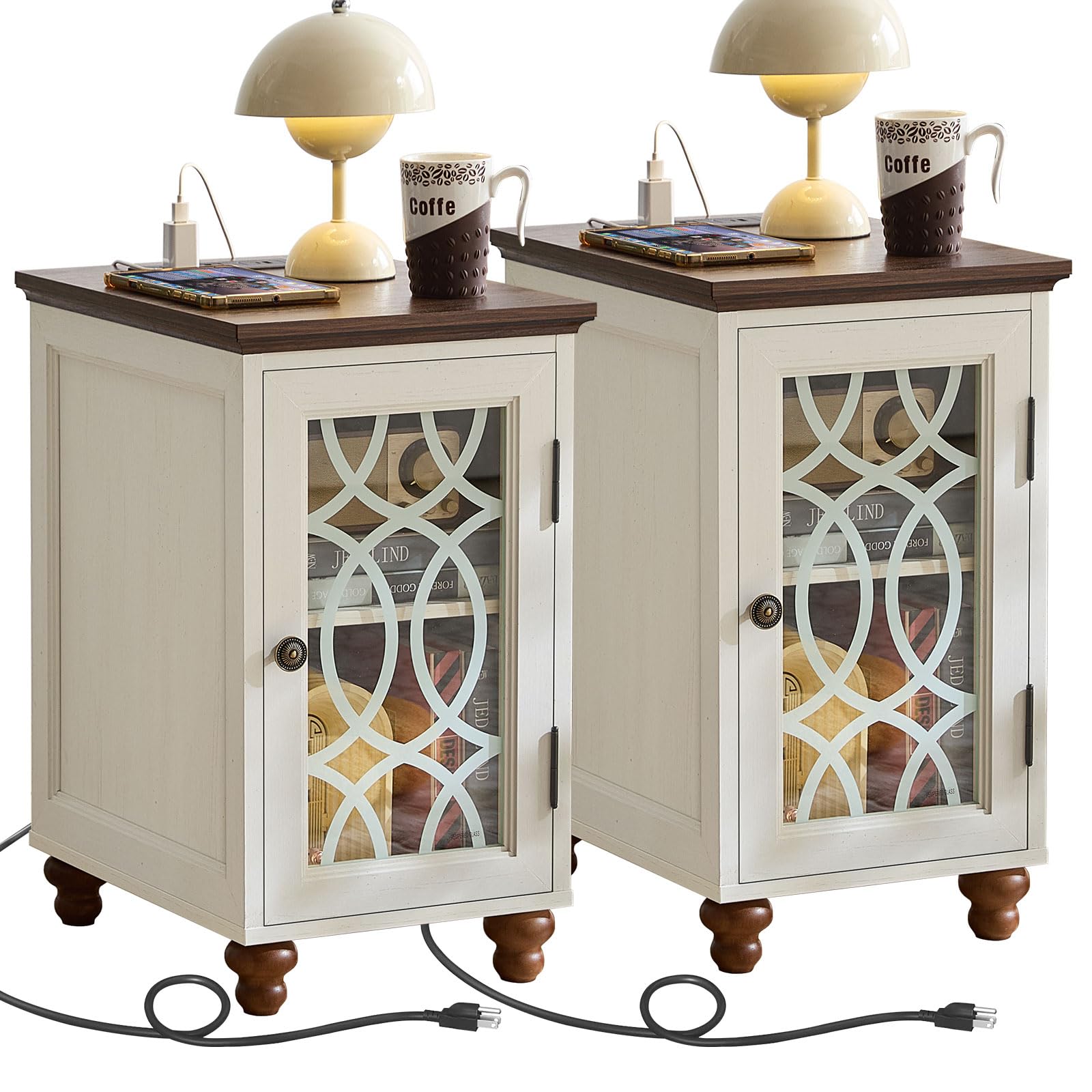 Antique white bedside end table set with glass cabinet doors and charging cords