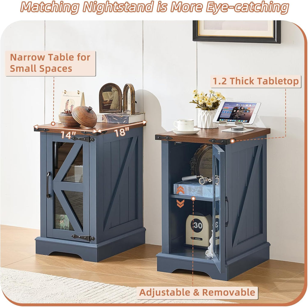 Navy blue narrow nightstand with wood top and open glass barn-door style