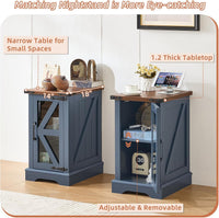 Navy blue narrow nightstand with wood top and open glass barn-door style