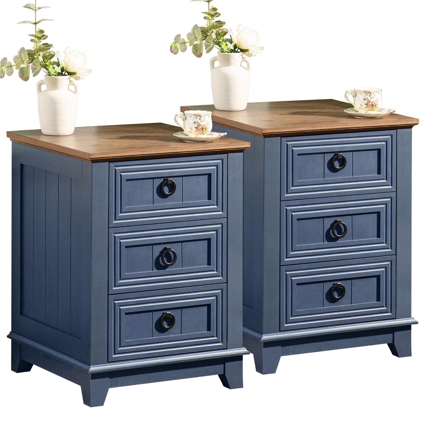Pair of blue farmhouse nightstands with three drawers each and round knobs