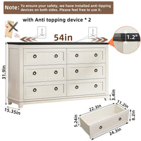 White six-drawer dresser with round knobs and open side drawer, front and angled view