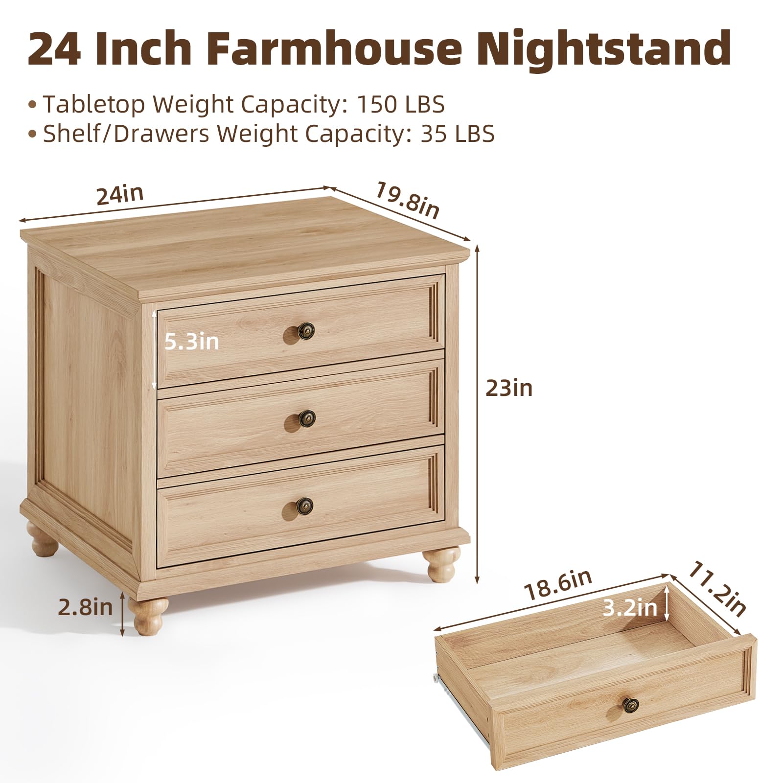 Light wood nightstand with three drawers and metal knob pulls, small cabinet
