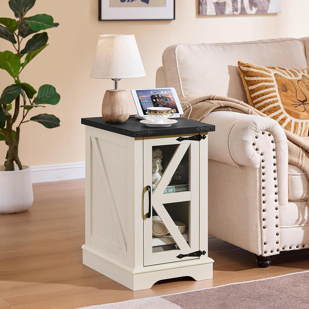 Farmhouse side table with glass barn door, white finish, and open storage compartment under top