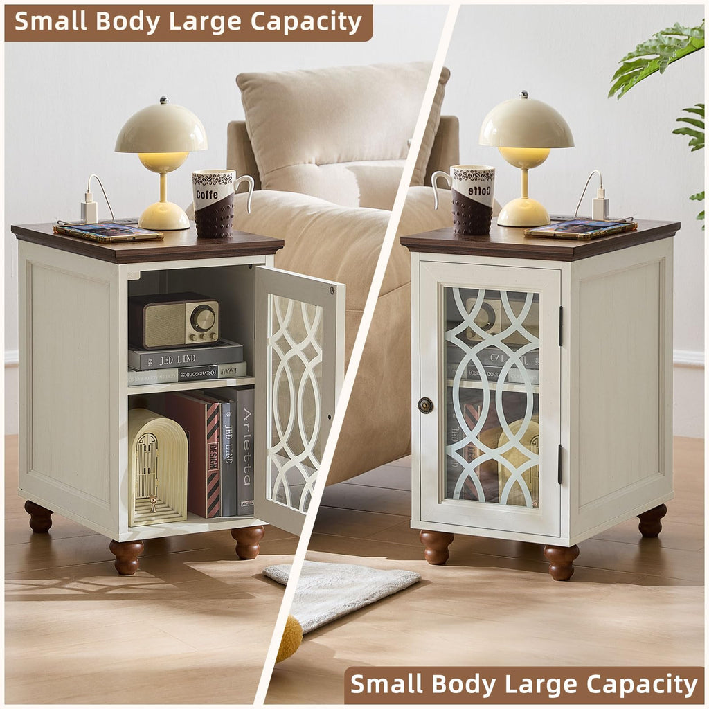 Pair of narrow end tables with lattice glass doors and open shelves with storage space.