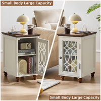 Pair of narrow end tables with lattice glass doors and open shelves with storage space.