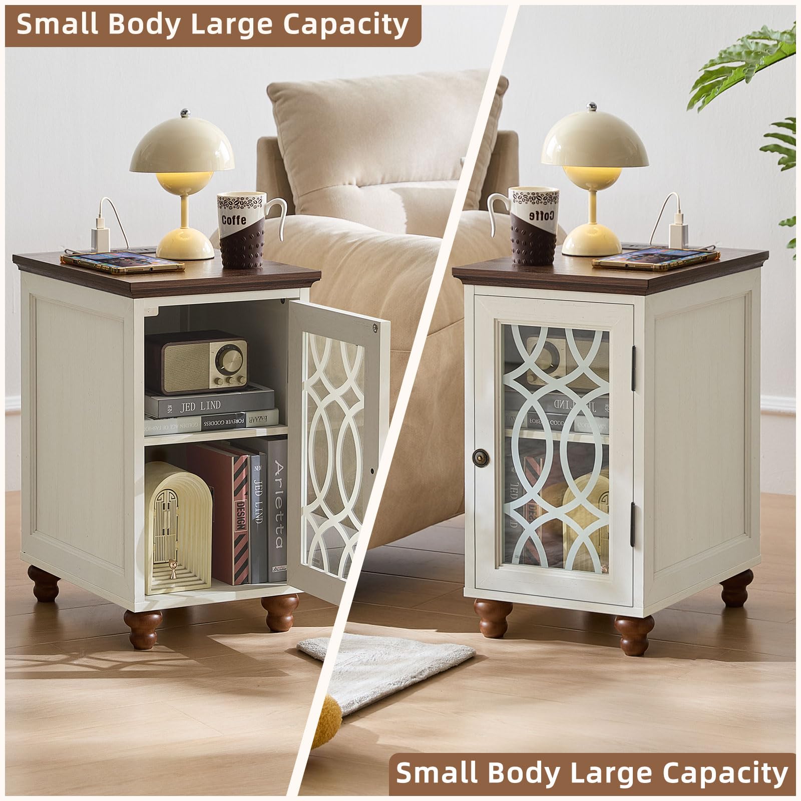Pair of narrow end tables with lattice glass doors and open shelves with storage space.