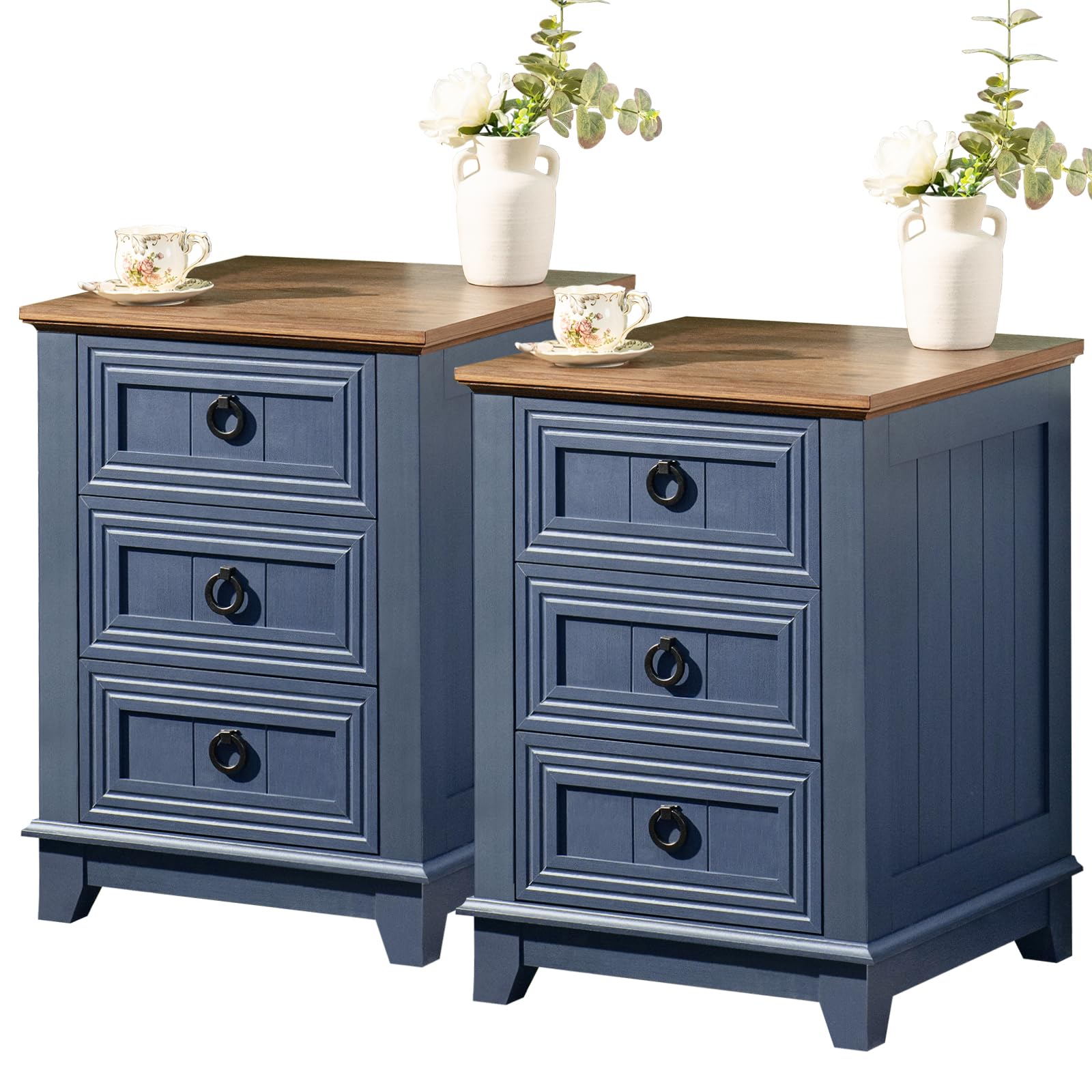 Blue nightstand set of two with three drawers and round metal knobs