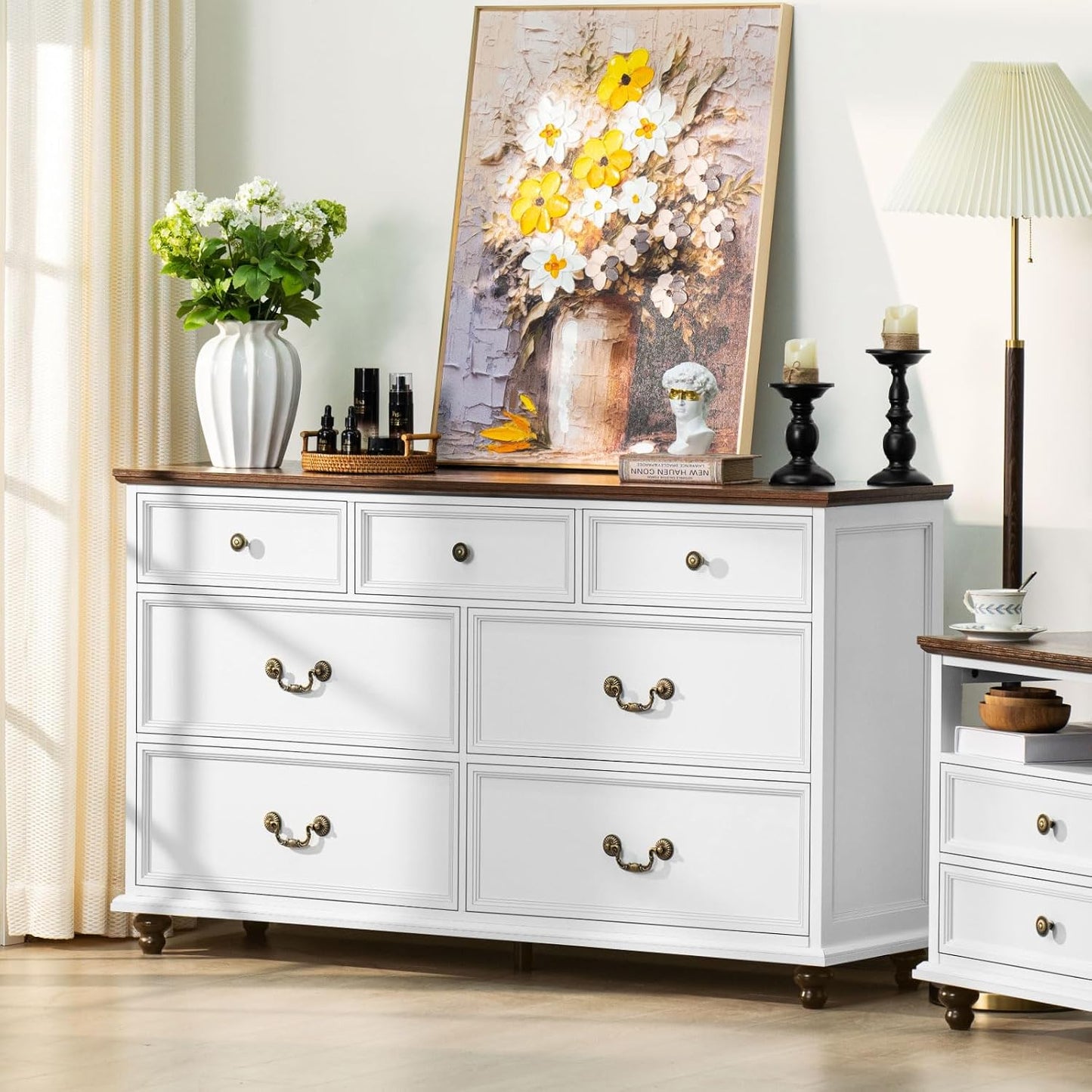 Joaxswe Farmhouse Dresser and Nightstand Sets 3 Piece, Nightstands Set of 2 and 7 Drawers Dresser for Bedroom, 54" Wide and 24" Inch Night Stand Set for Bedroom, Living Room, Hallway