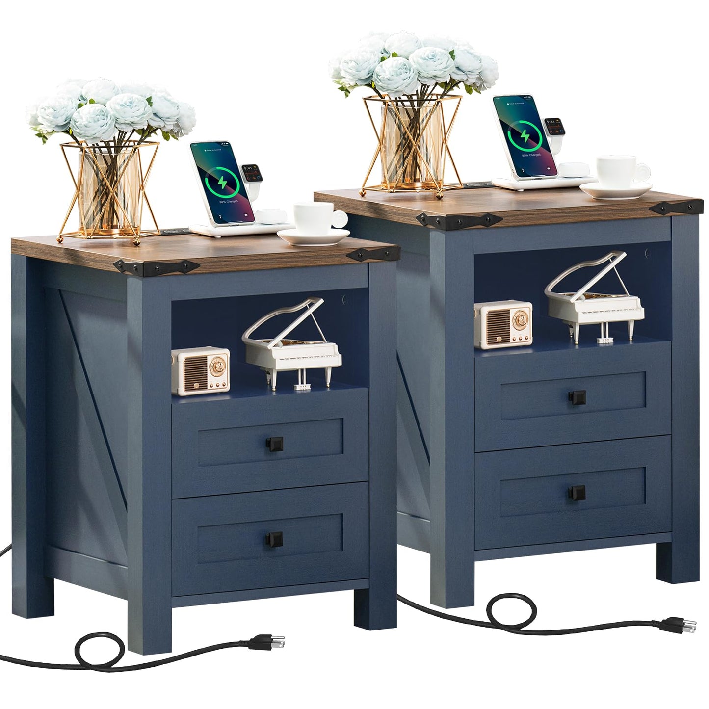Blue farmhouse nightstand with charging top, two drawers, and open shelf storage