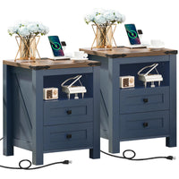 Blue farmhouse nightstand with charging top, two drawers, and open shelf storage