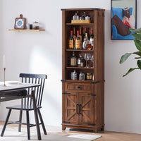 Brown tall bookcase cabinet with open shelves and drawers behind barn-style doors