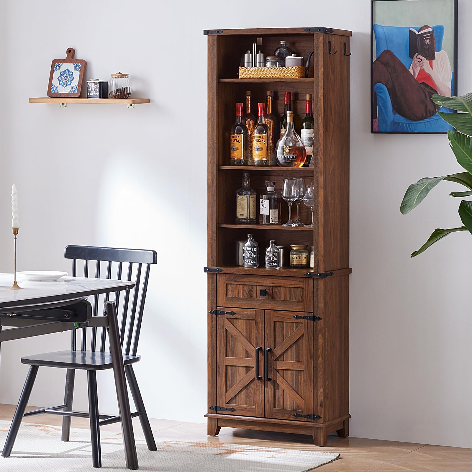 Tall brown wood bookcase cabinet with glass-free shelves and lower double doors