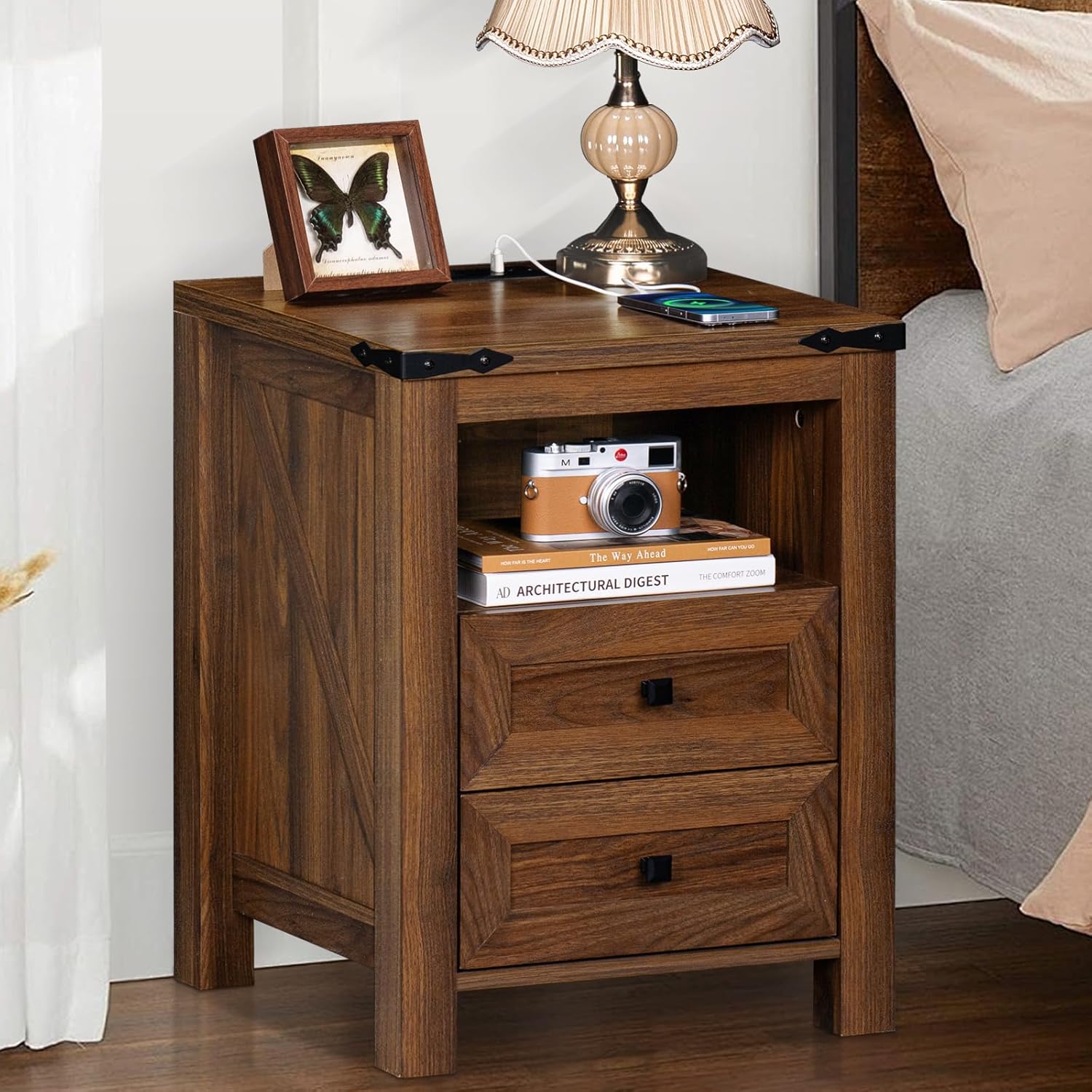 Brown farmhouse nightstand with two drawers and top open area for small items