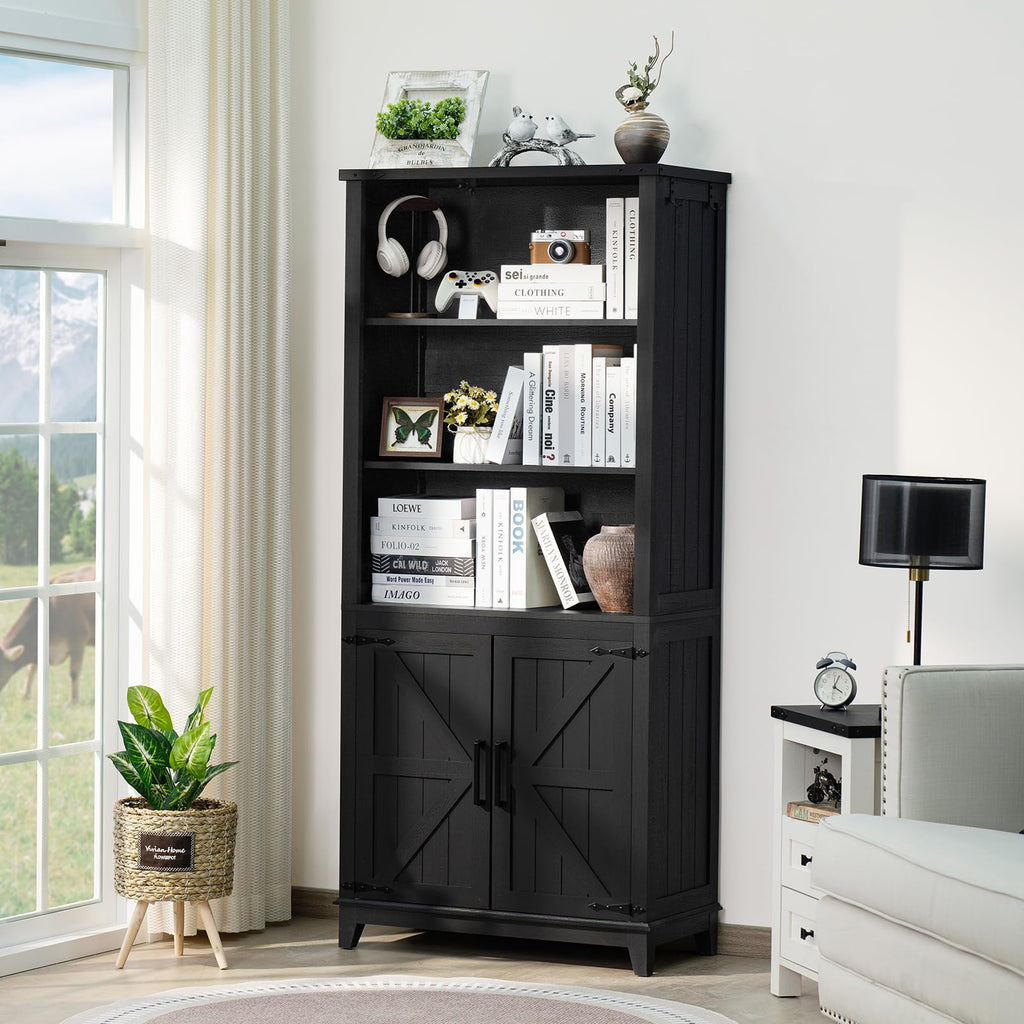 70in Tall Bookshelf 5 Tier Bookcase with Barn Doors and Adjustable Shelves, Blue Farmhouse Book Shelf with Storage Cabinet, Wood Freestanding Display Bookshelves for Bedroom, Living Room | Bookcase, Barn Doors, Adjustable Shelves, Book Shelf, Storage Cabi