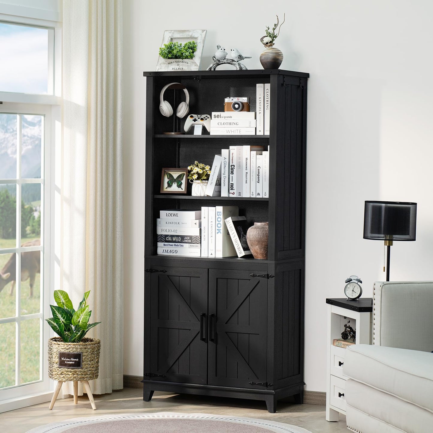 Joaxswe 70in Tall Bookshelf 5 Tier Bookcase with Barn Doors and Adjustable Shelves, Blue Farmhouse Book Shelf with Storage Cabinet, Wood Freestanding Display Bookshelves for Bedroom, Living Room