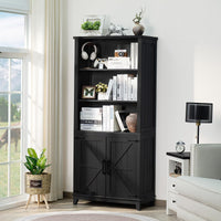 Joaxswe 70in Tall Bookshelf 5 Tier Bookcase with Barn Doors and Adjustable Shelves, Blue Farmhouse Book Shelf with Storage Cabinet, Wood Freestanding Display Bookshelves for Bedroom, Living Room