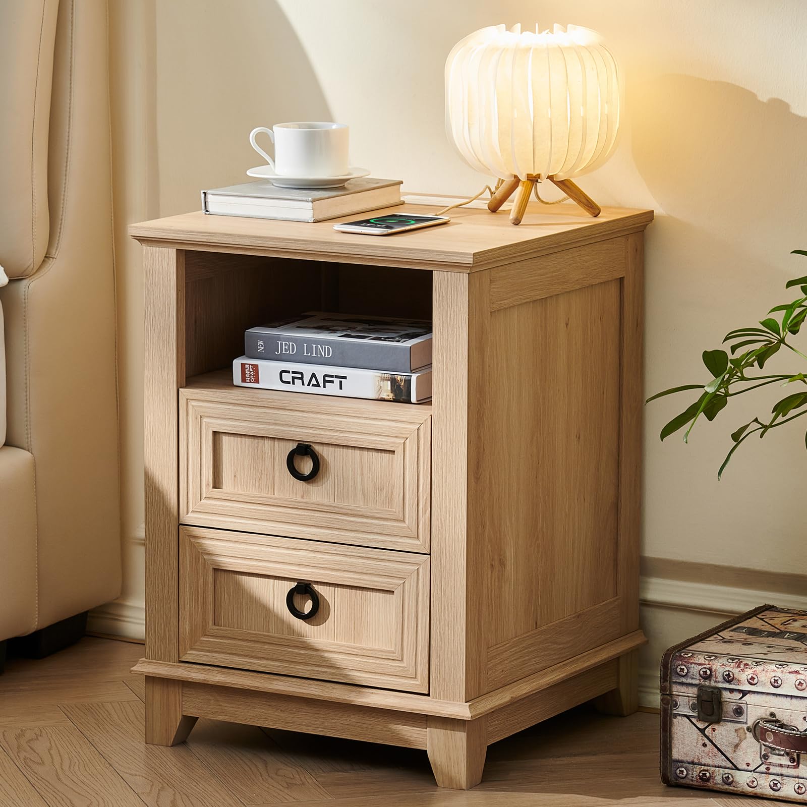Light wood farmhouse nightstand cabinet with two drawers and round metal handles