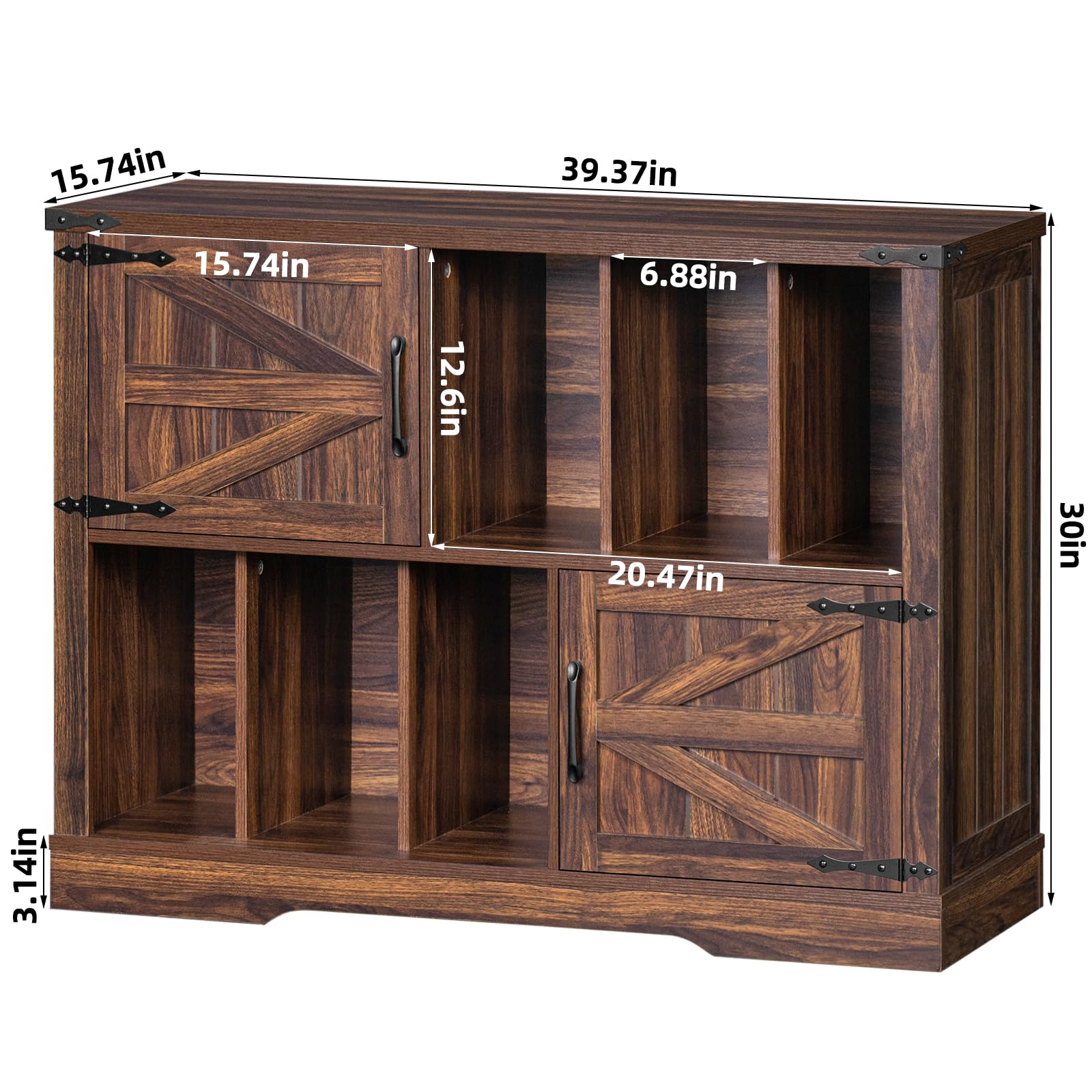 Wood record player cabinet with barn-door style double doors and open vinyl storage.