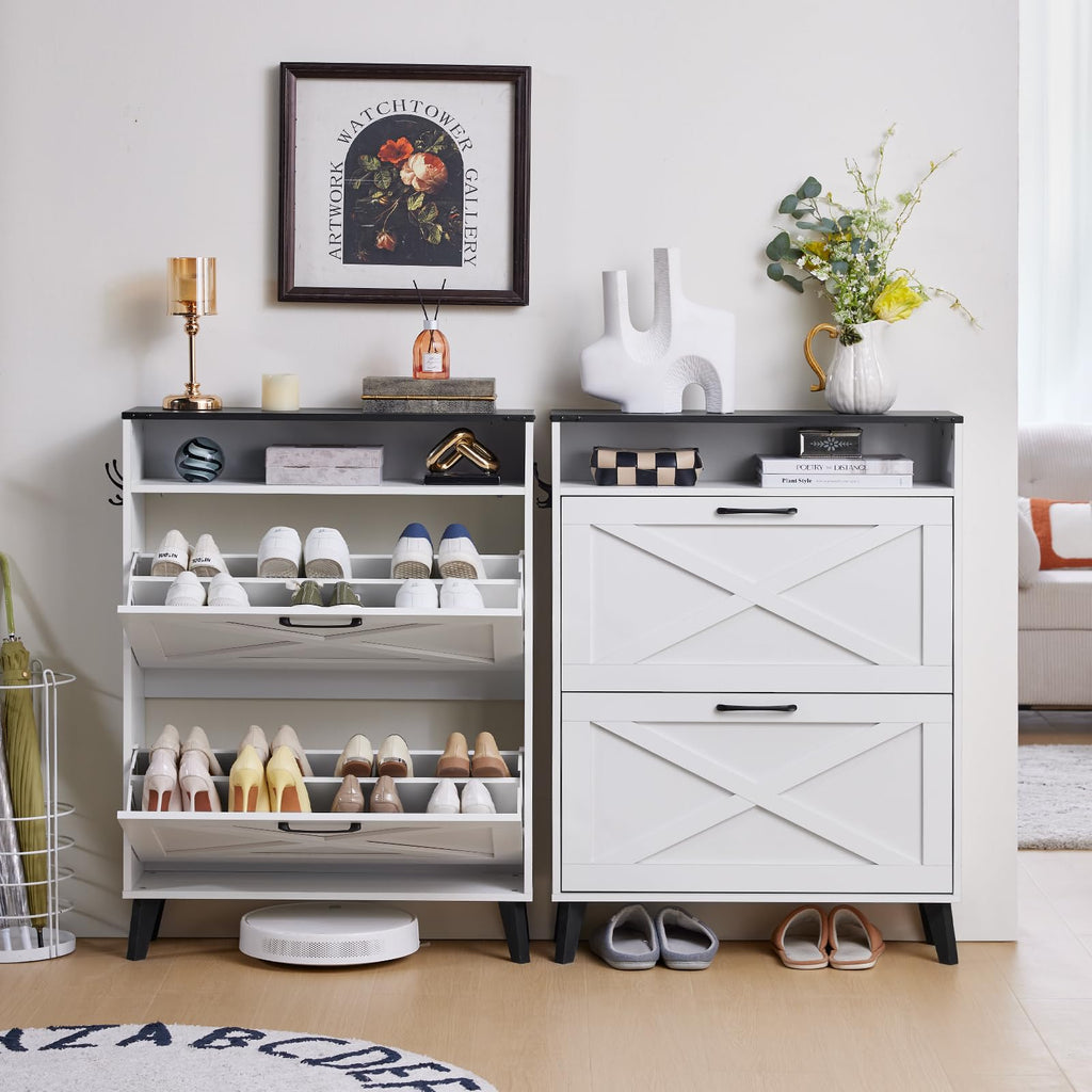 White shoe storage cabinet with open flip drawers displaying shoes