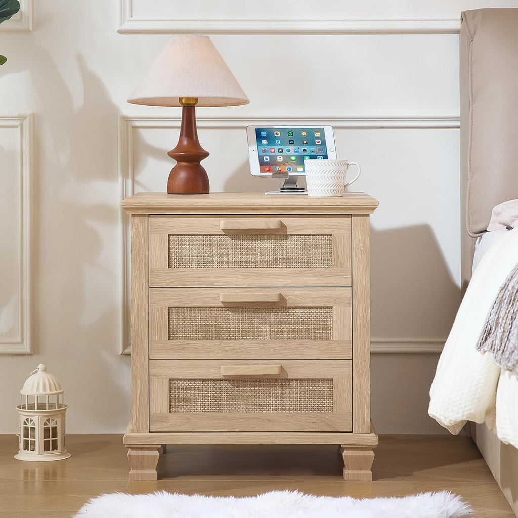 Wood bedside nightstand with three drawers and woven rattan drawer fronts