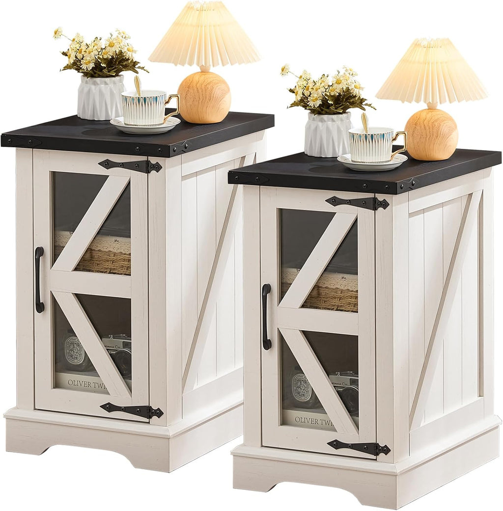 Set of white farmhouse bedside cabinets with black tops and glass barn door fronts