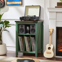 Record player stand with green cabinet and wood top; open vinyl storage with record sleeves
