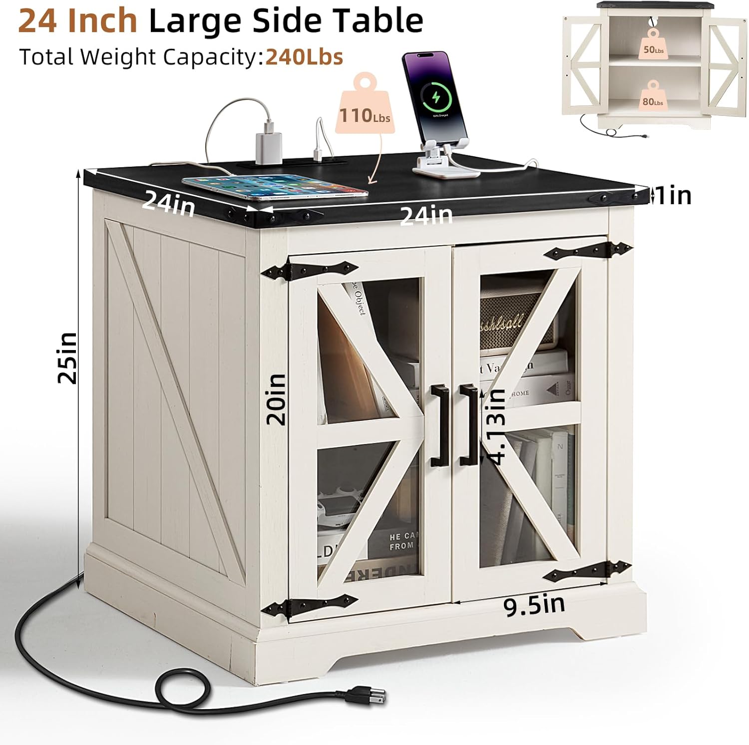 24" End Table with Charging Station, Farmhouse Night Stand with Glass Barn Door, White Nightstands with Adjustable Storage Shelf, Large Wood Square Bed Side Table for Living Room,Bedroom