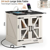 White end table nightstand with open barn-door storage and black tabletop.