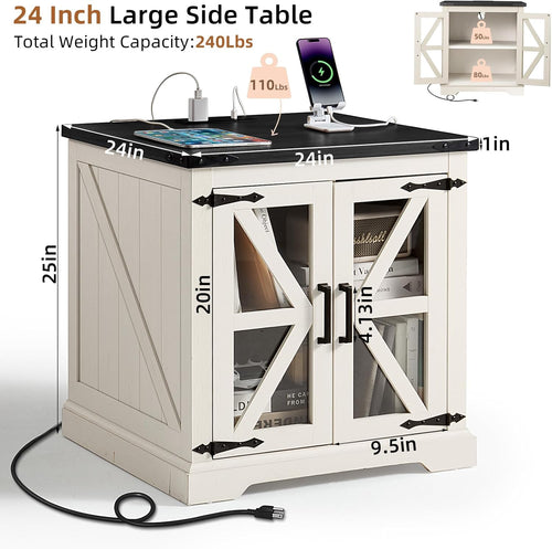 24" End Table with Charging Station, Farmhouse Night Stand with Glass Barn Door, White Nightstands with Adjustable Storage Shelf, Large Wood Square Bed Side Table for Living Room,Bedroom