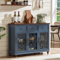 Farmhouse sideboard cabinet with 4 glass doors and 2 drawers, blue finish, wood feet