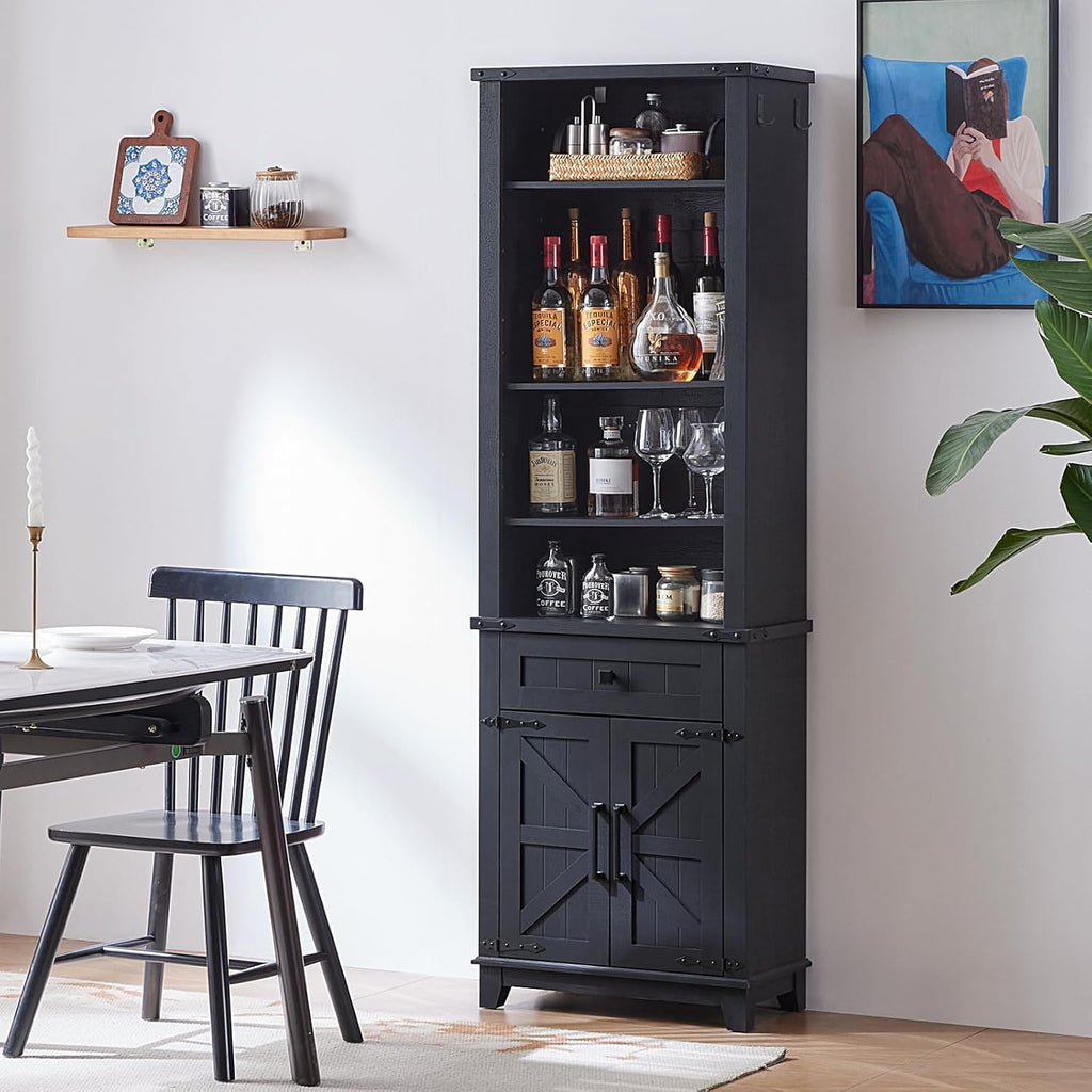 72in Tall Bookshelf 7 Tier Bookcase with Drawer and Barn Doors and Adjustable Shelves, Black Farmhouse Book Shelf with Storage Cabinet, Wood Freestanding Display Bookshelves for Living Room