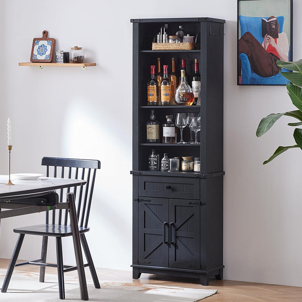 Black cabinet-style bookcase with shelves for bottles and barn doors