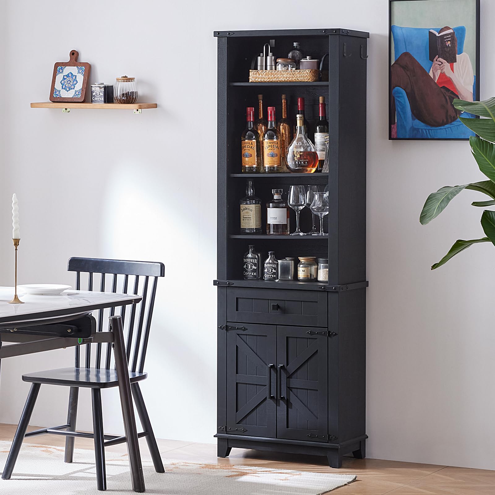 Black cabinet-style bookcase with shelves for bottles and barn doors