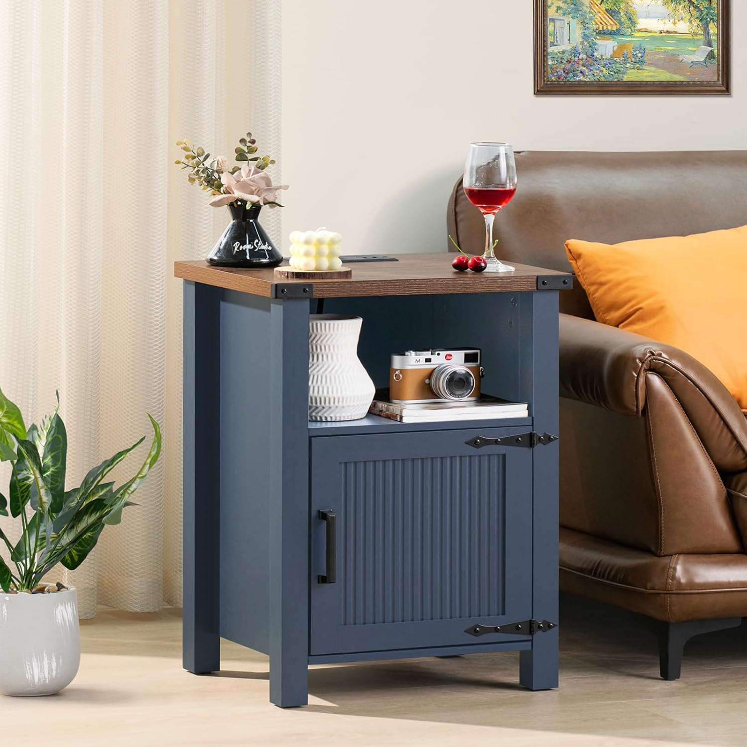 Blue farmhouse nightstand with wood top, open shelf, and magnetic cabinet door