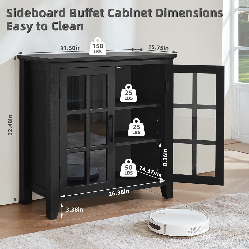 Black sideboard cabinet with open shelves and glass-door storage compartments