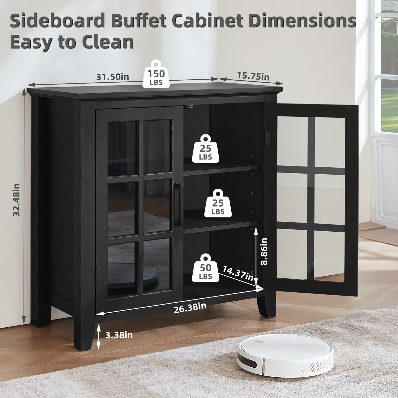 Black sideboard cabinet with open shelves and glass-door storage compartments