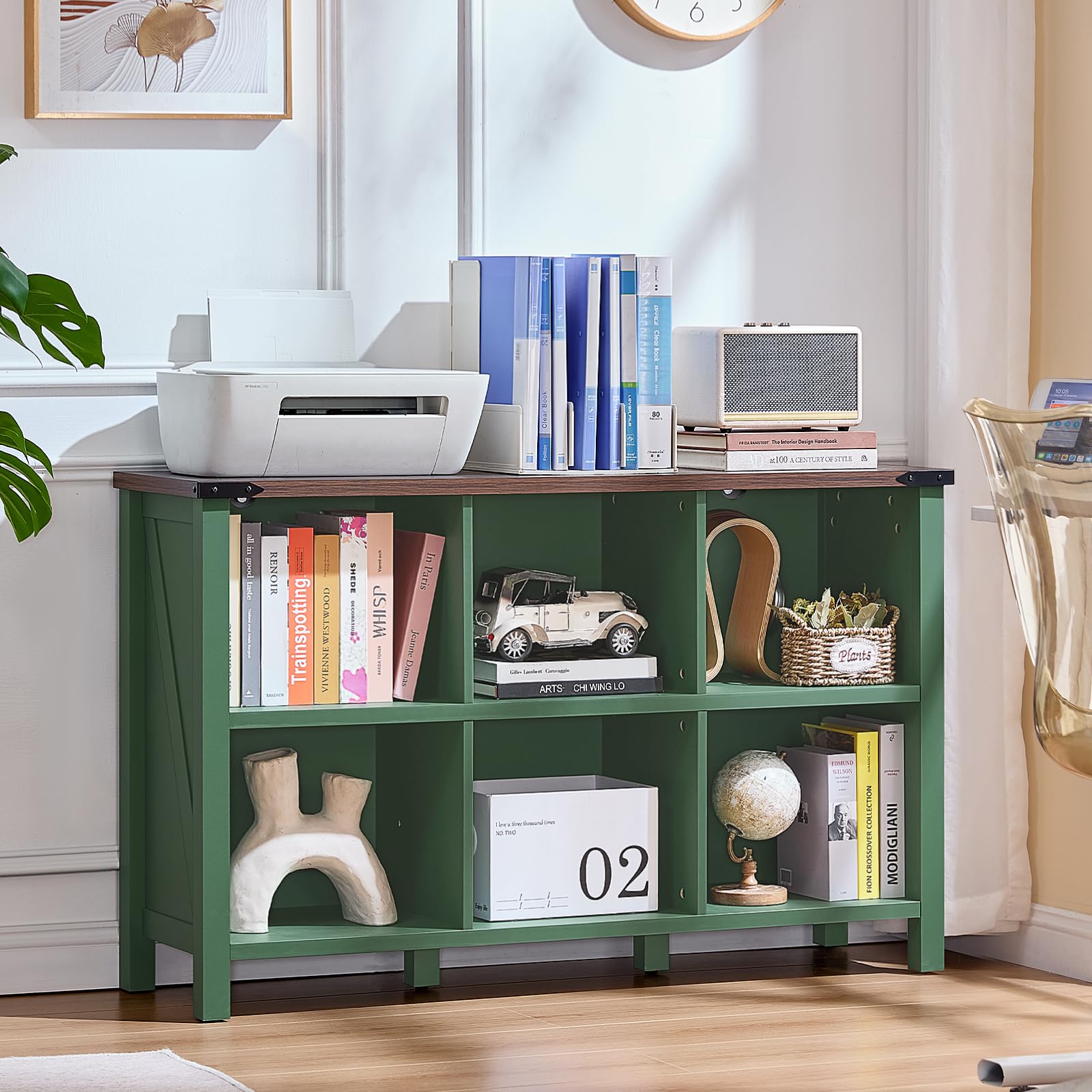 Green farmhouse low bookcase with open cubby shelves and sturdy legs