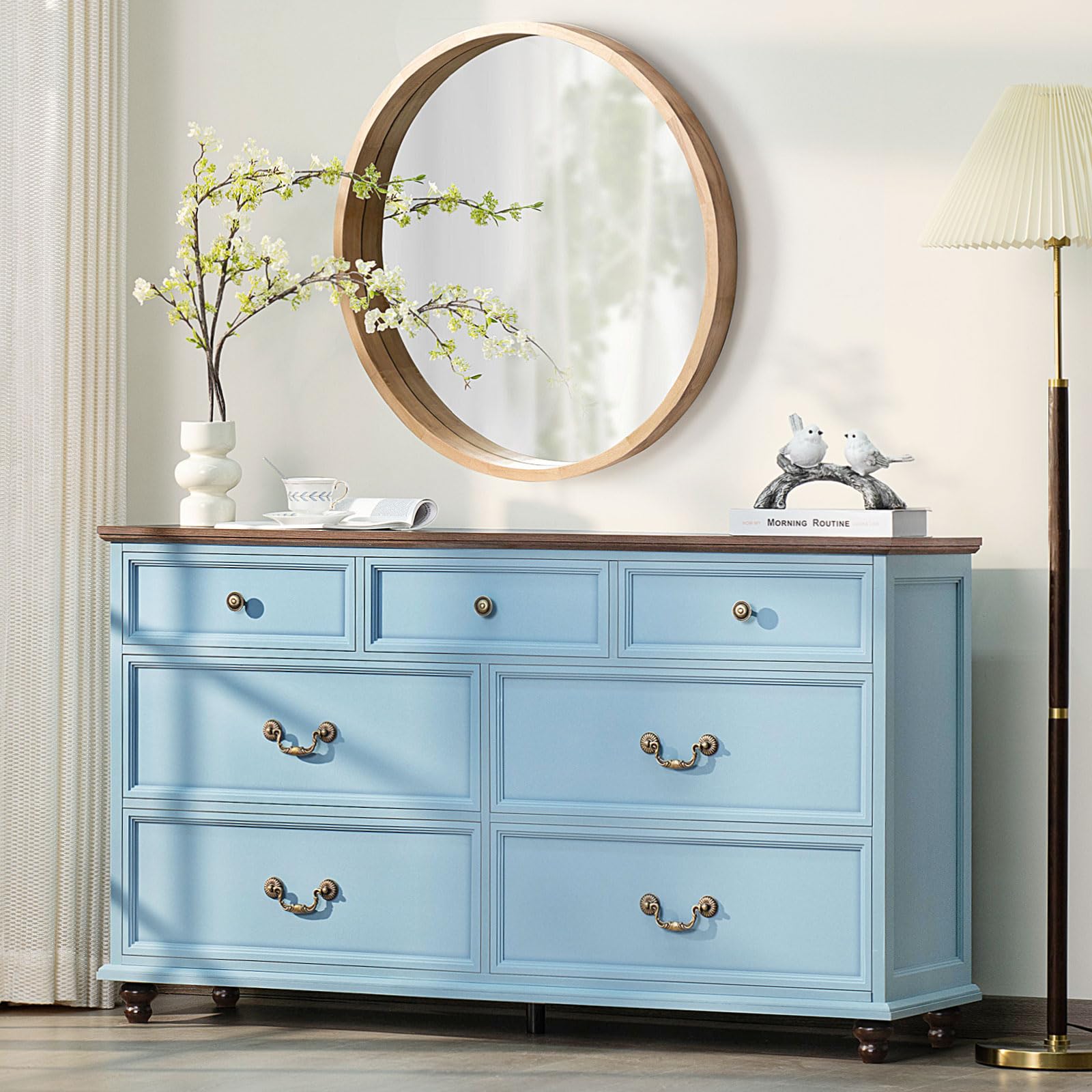 Farmhouse 54" 7 Drawers Dresser for Bedroom, Wide Chest of Drawers w/ 4 Wooden Legs, Vintage Rustic Large Closet Storage Dressers Organizer for Hallway, Wood TV Stand for Living Room, Blue