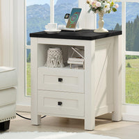 White farmhouse nightstand with 2 drawers and open shelf, dark top surface