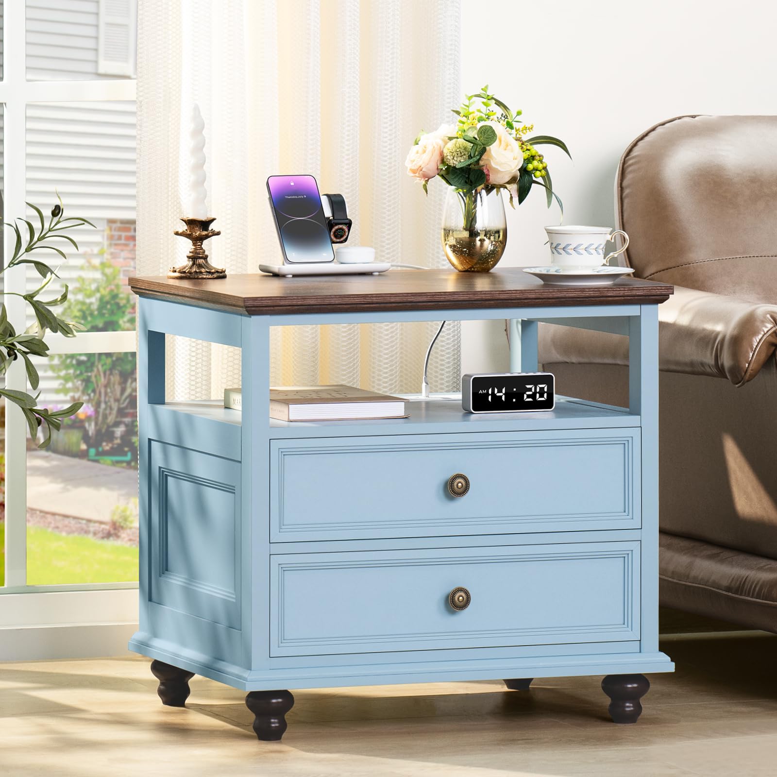 Light blue farmhouse nightstand with 2 drawers, round metal knob pulls, open shelf
