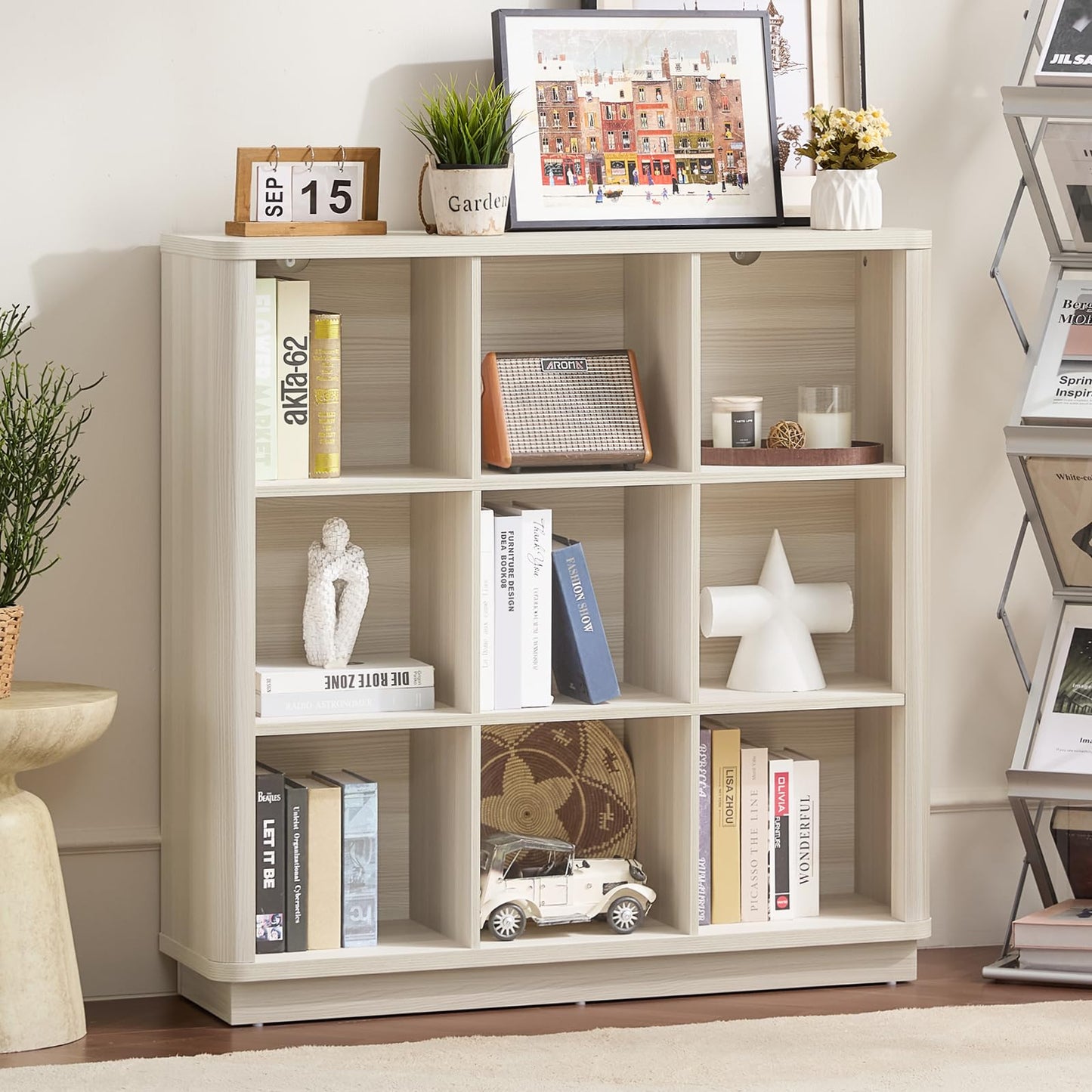 8-cube storage book shelf with open cubbies, cream-white wooden console