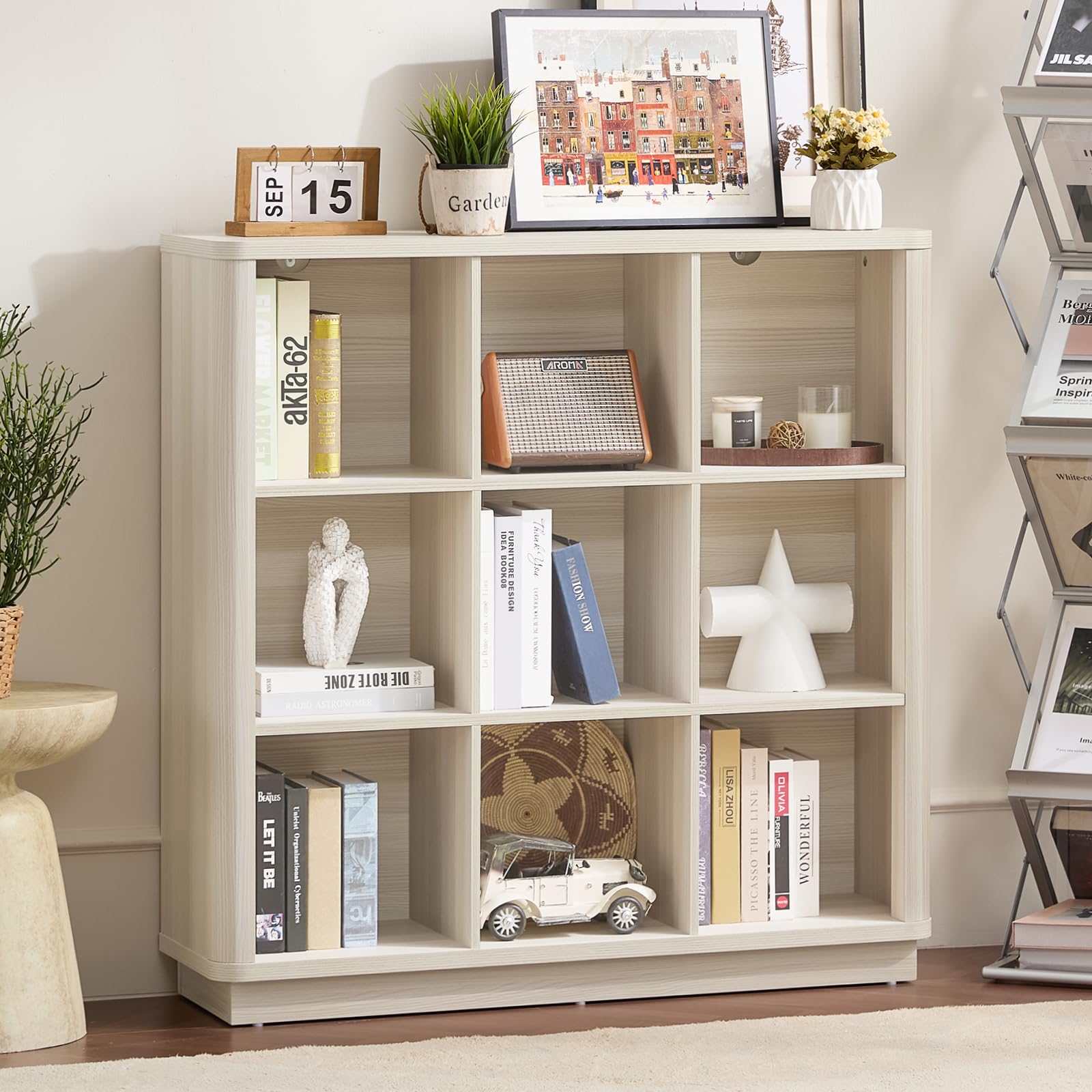 8 Cube Storage Book Shelf, 52" Long Horizontal Bookshelf with Curved Edge, Floor Standing Wooden Cubby Bookcase with Base, Modern Low Console Book Case, TV Stand for Living Room, Natural Oak