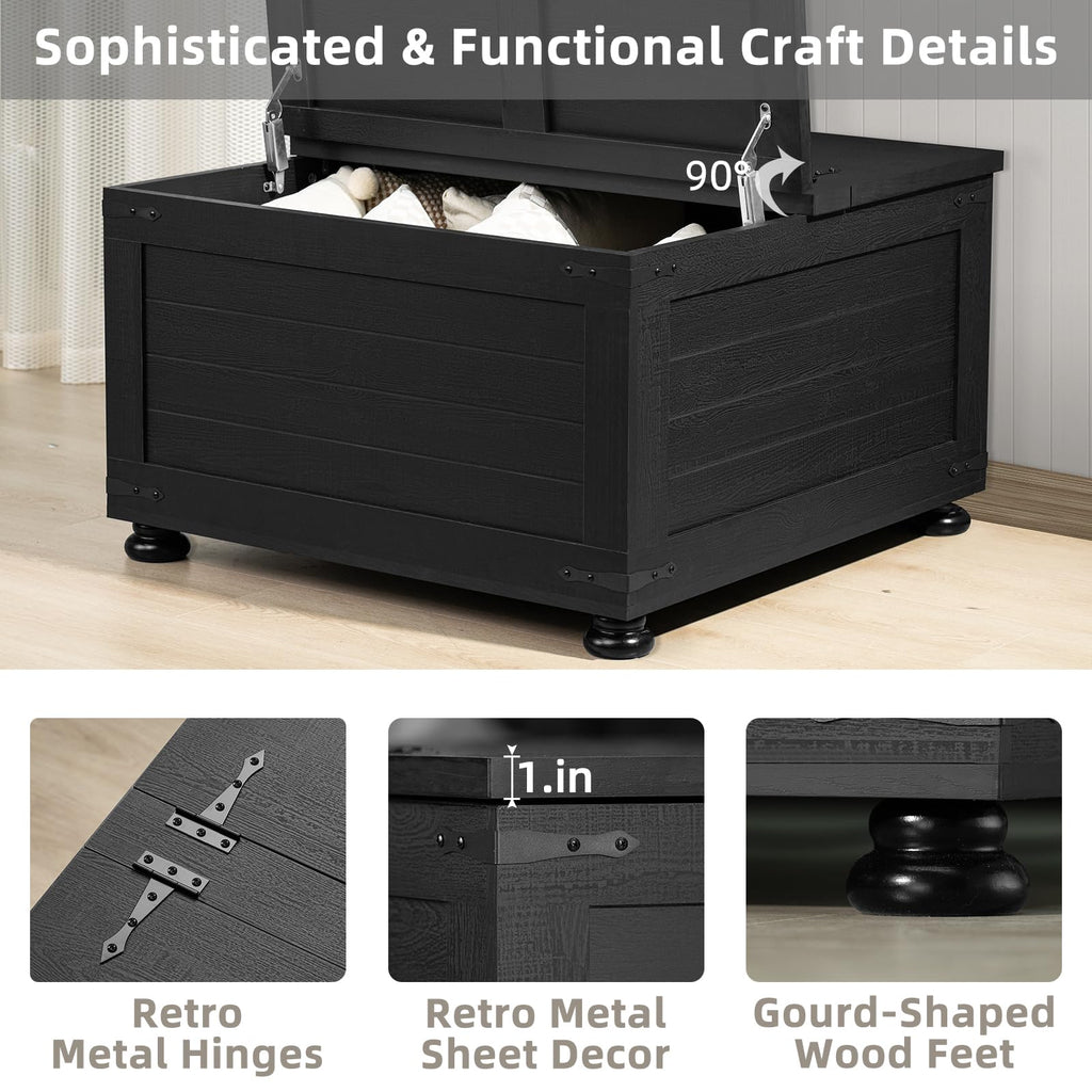 Lift-top coffee table with hidden storage, open lid showing compartments, dark finish