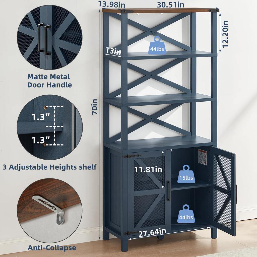 Blue tall bookshelf with X-braced frame, mesh barn doors, and adjustable shelves