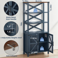 Blue bookcase diagram showing adjustable shelves, mesh doors, and X-braced frame