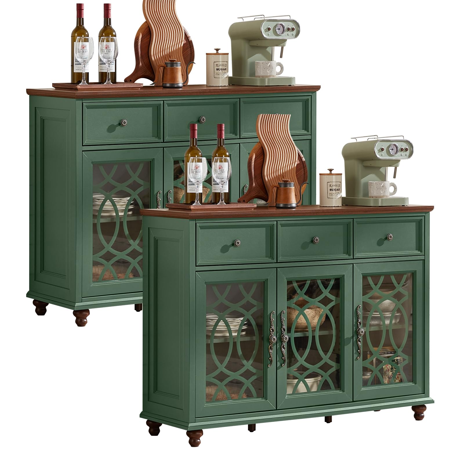 Farmhouse sideboard cabinet with 4 glass doors and 2 drawers, green finish, wood bun feet