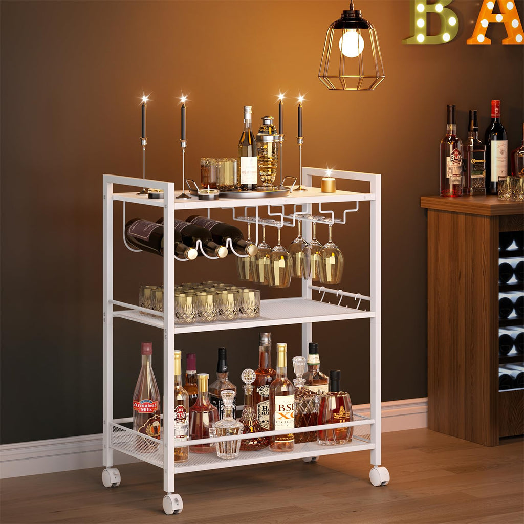 White bar cart with wine rack and glass holder on a wheeled 3-shelf frame