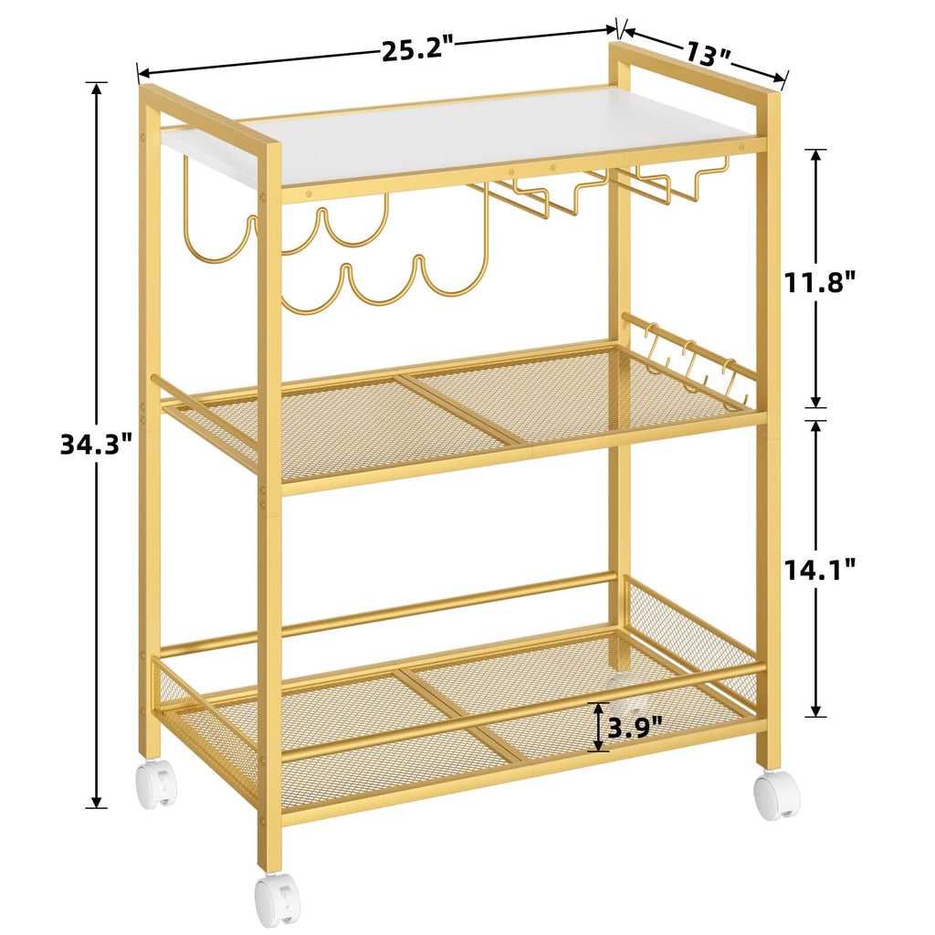 Gold bar cart with three-tier shelves, wine rack, and caster wheels